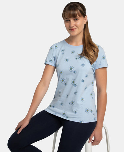 Super Combed Cotton Relaxed Fit Printed Half Sleeve T-Shirt - Chambray Blue