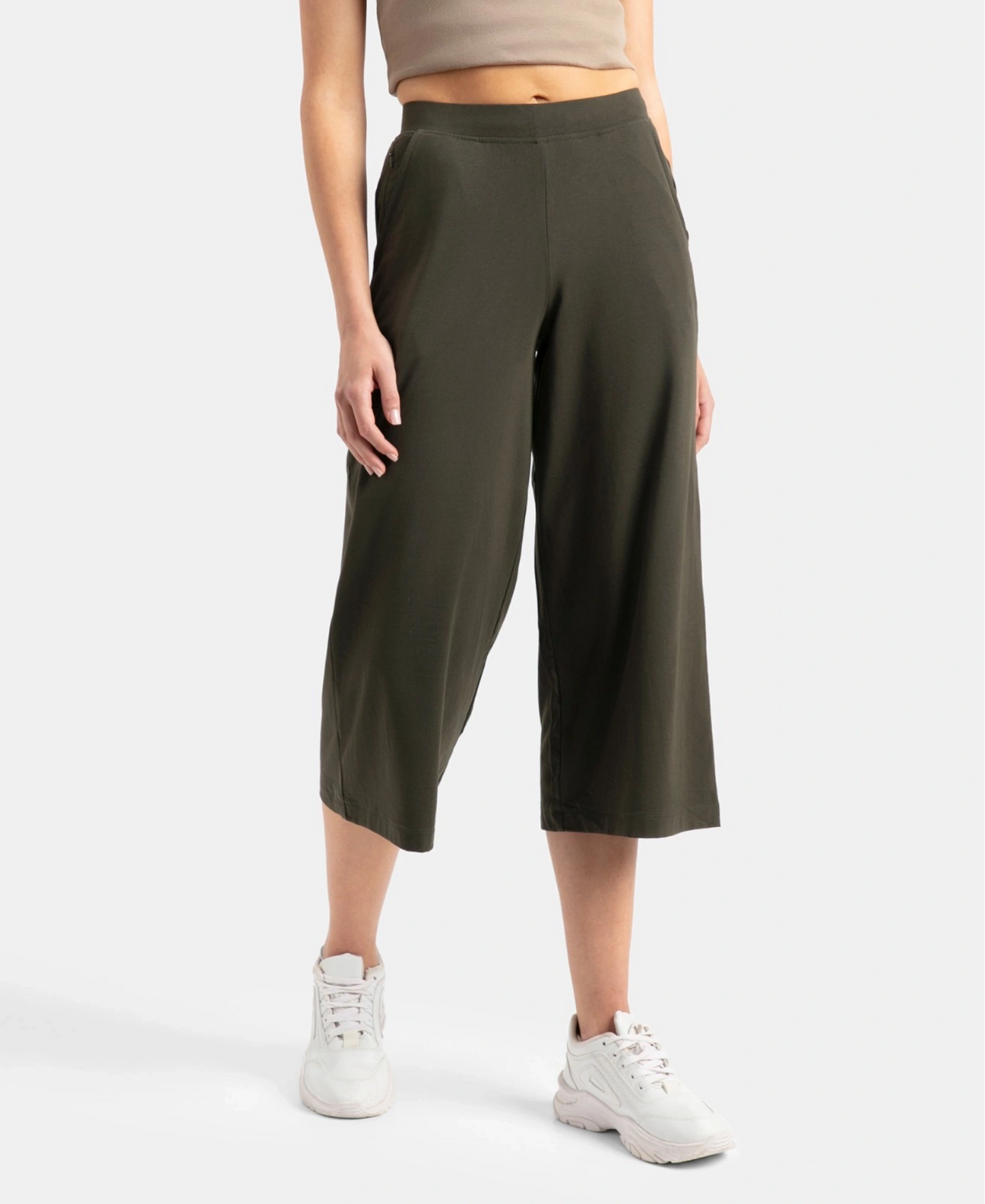 Super Combed Cotton Rich Elastane Stretch Relaxed Fit Culottes - Olive