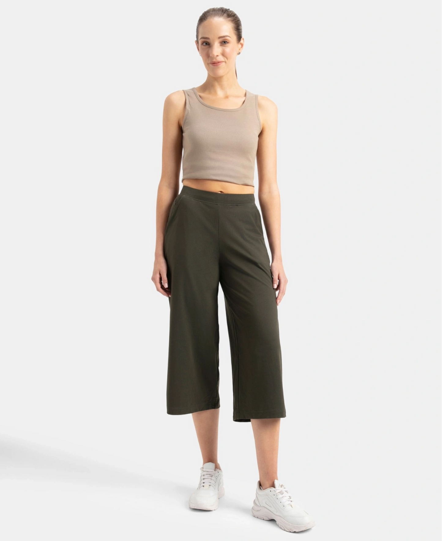 Super Combed Cotton Rich Elastane Stretch Relaxed Fit Culottes - Olive