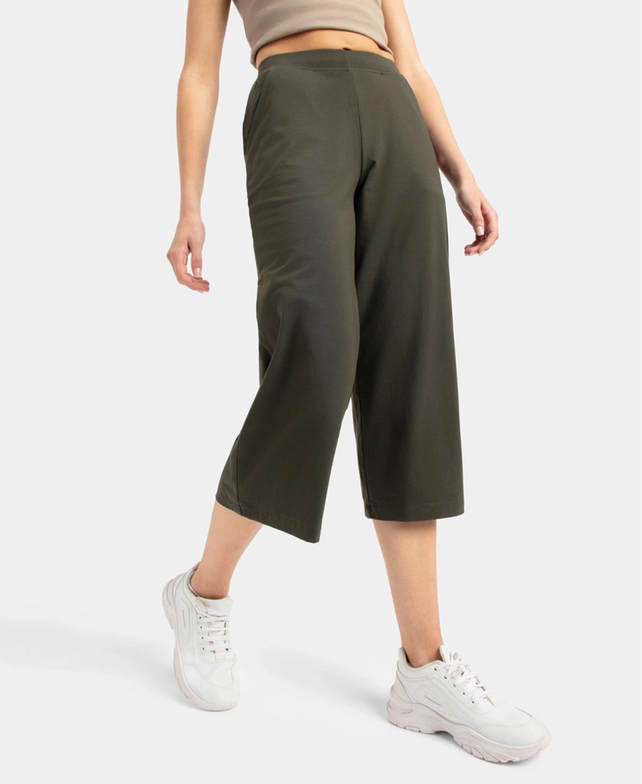 Super Combed Cotton Rich Elastane Stretch Relaxed Fit Culottes - Olive