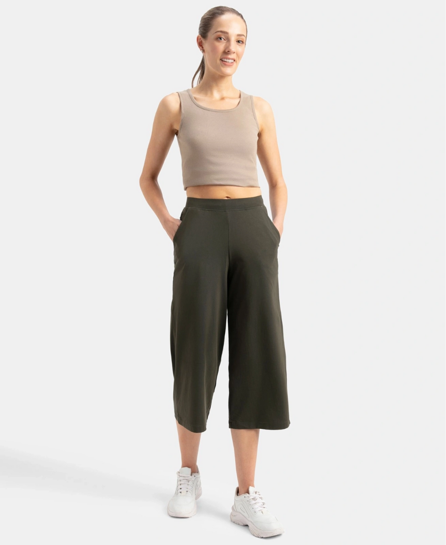 Super Combed Cotton Rich Elastane Stretch Relaxed Fit Culottes - Olive