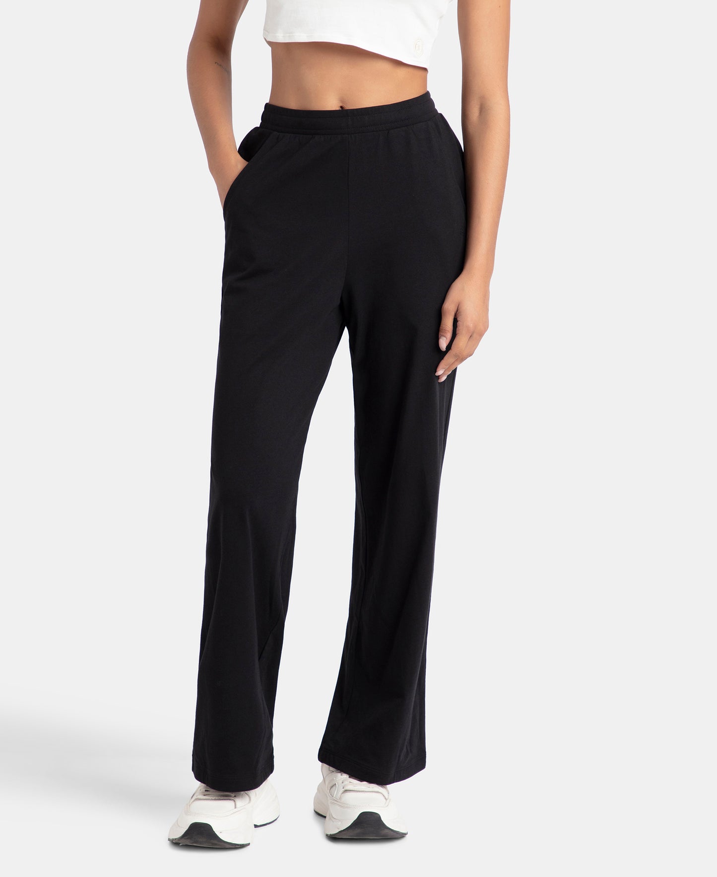 Super Combed Cotton Rich Straight Fit Wide Leg Pants - Black