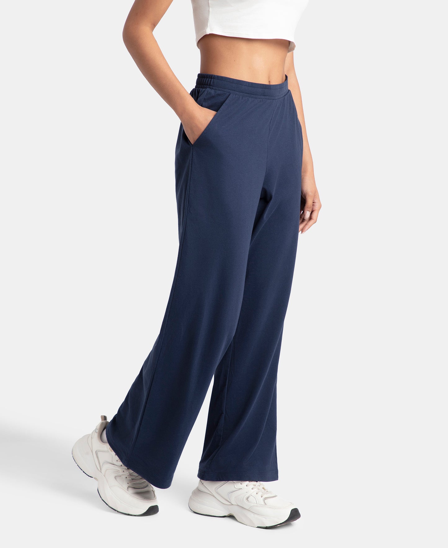 Super Combed Cotton Rich Straight Fit Wide Leg Pants - Navy Blazer