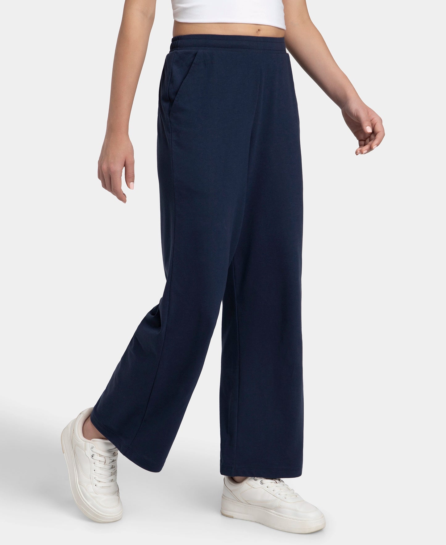 Super Combed Cotton Rich Straight Fit Wide Leg Pants - Navy Blazer