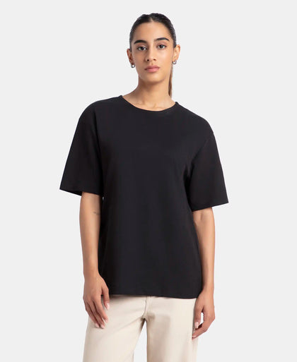 Polyester Cotton Oversized Fit Solid T-Shirt with StayFresh Treatment - Black