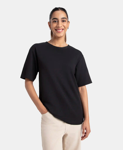 Polyester Cotton Oversized Fit Solid T-Shirt with StayFresh Treatment - Black