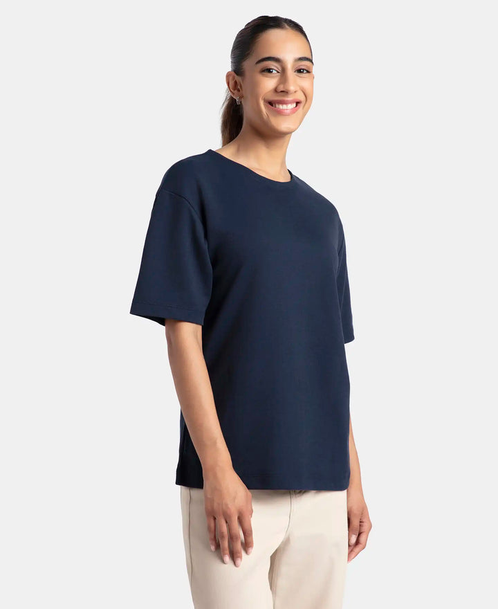 Polyester Cotton Oversized Fit Solid T-Shirt with StayFresh Treatment - Navy