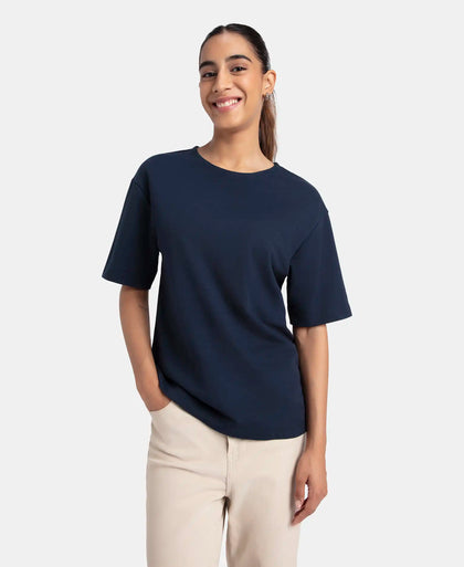 Polyester Cotton Oversized Fit Solid T-Shirt with StayFresh Treatment - Navy