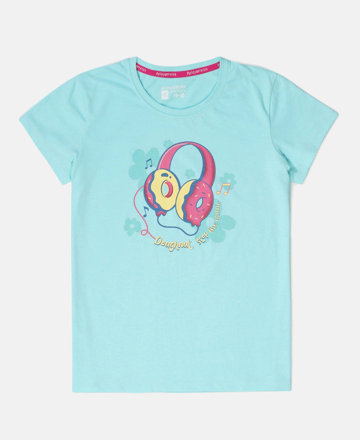 Girl's Super Combed Cotton Graphic Printed T-Shirt - Aruba Blue