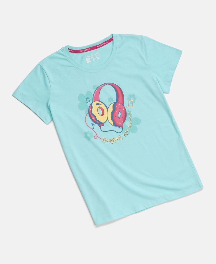 Girl's Super Combed Cotton Graphic Printed T-Shirt - Aruba Blue