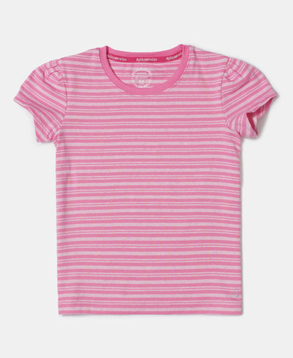 Girl's Super Combed Cotton Elastane Stretch Rib Striped Short Sleeve T-Shirt - Aurora Pink & Pink lady Melange