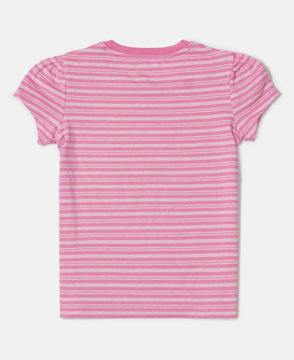 Girl's Super Combed Cotton Elastane Stretch Rib Striped Short Sleeve T-Shirt - Aurora Pink & Pink lady Melange