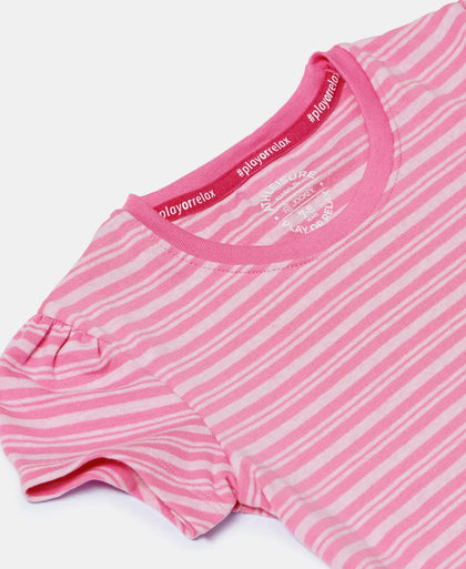 Girl's Super Combed Cotton Elastane Stretch Rib Striped Short Sleeve T-Shirt - Aurora Pink & Pink lady Melange