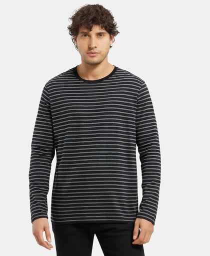 Super Combed Cotton Rich Striped Round Neck Full Sleeve T-Shirt - Black & Charcoal Melange-1