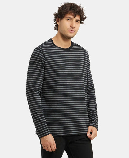 Super Combed Cotton Rich Striped Round Neck Full Sleeve T-Shirt - Black & Charcoal Melange-2