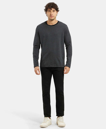 Super Combed Cotton Rich Striped Round Neck Full Sleeve T-Shirt - Black & Charcoal Melange-4