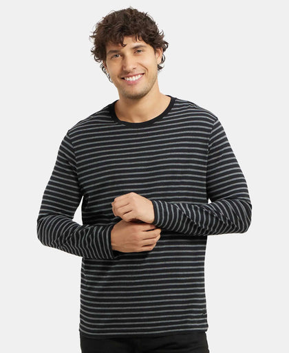 Super Combed Cotton Rich Striped Round Neck Full Sleeve T-Shirt - Black & Charcoal Melange-5