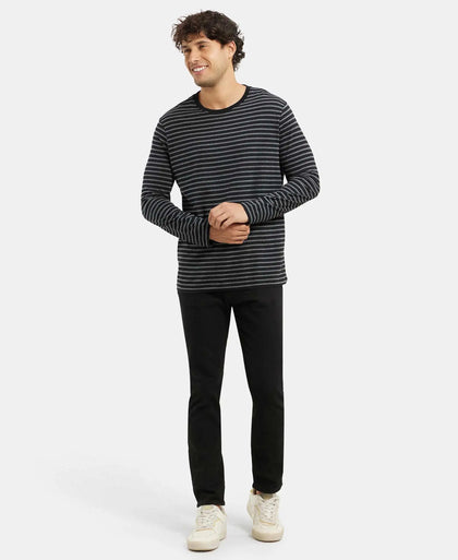 Super Combed Cotton Rich Striped Round Neck Full Sleeve T-Shirt - Black & Charcoal Melange-6