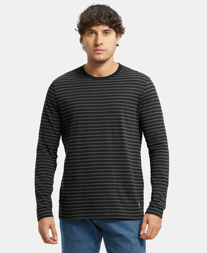 Super Combed Cotton Rich Striped Round Neck Full Sleeve T-Shirt - Black & Deep Olive-1