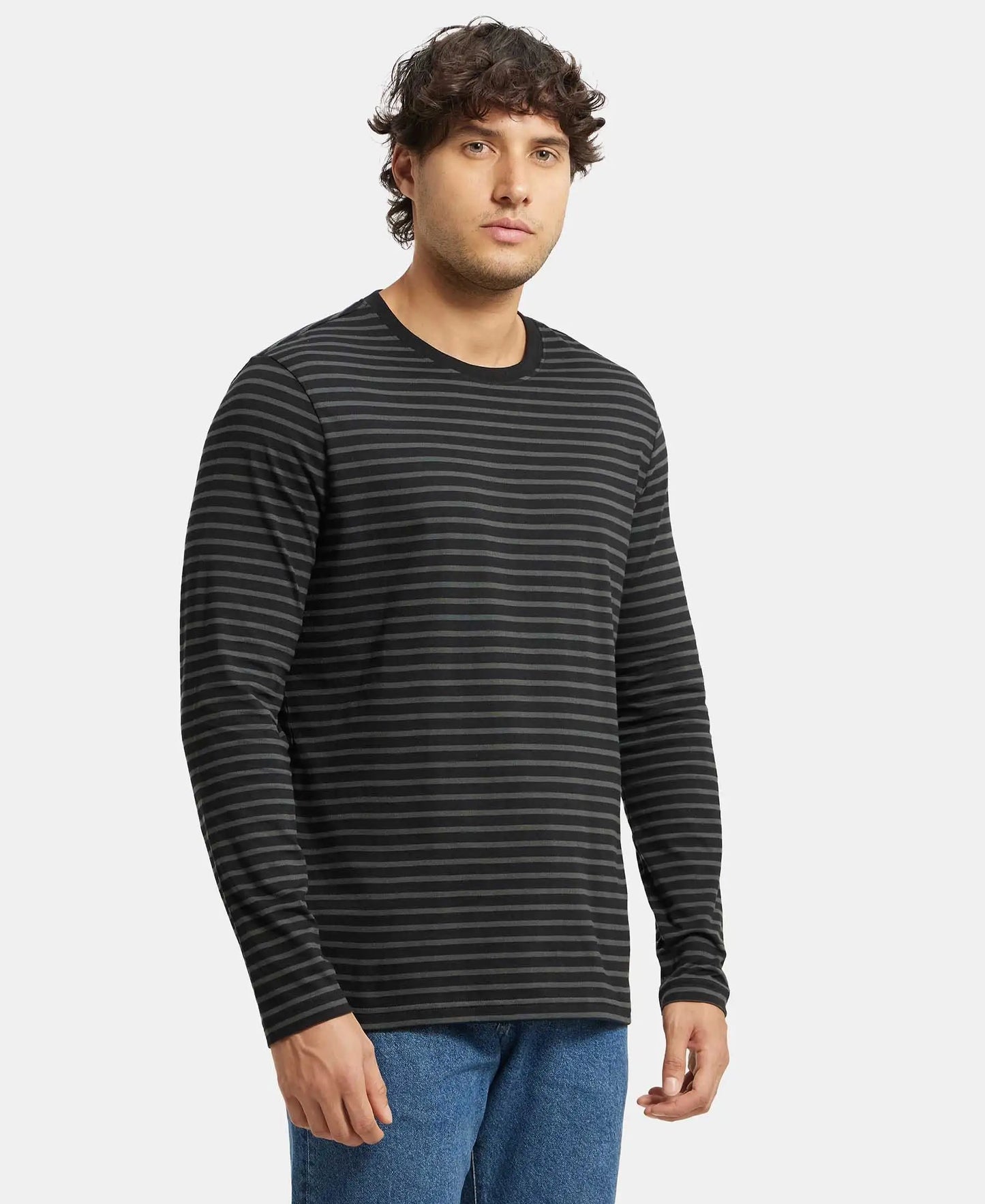 Super Combed Cotton Rich Striped Round Neck Full Sleeve T-Shirt - Black & Deep Olive-2