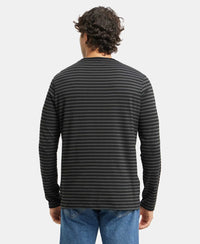 Super Combed Cotton Rich Striped Round Neck Full Sleeve T-Shirt - Black & Deep Olive-3