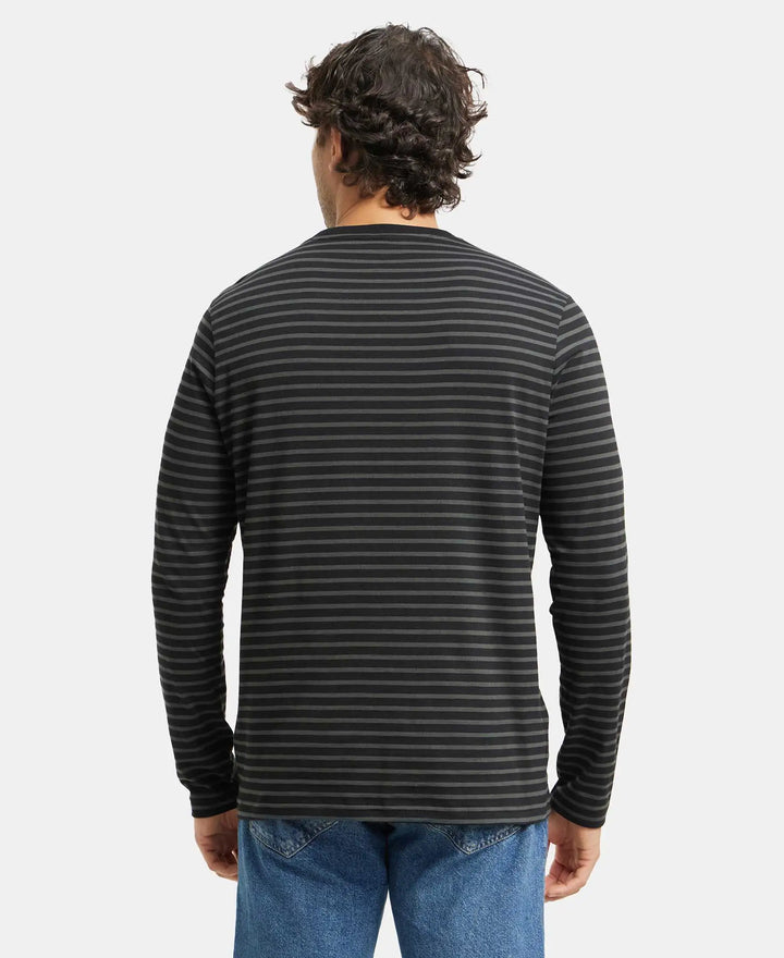 Super Combed Cotton Rich Striped Round Neck Full Sleeve T-Shirt - Black & Deep Olive-3