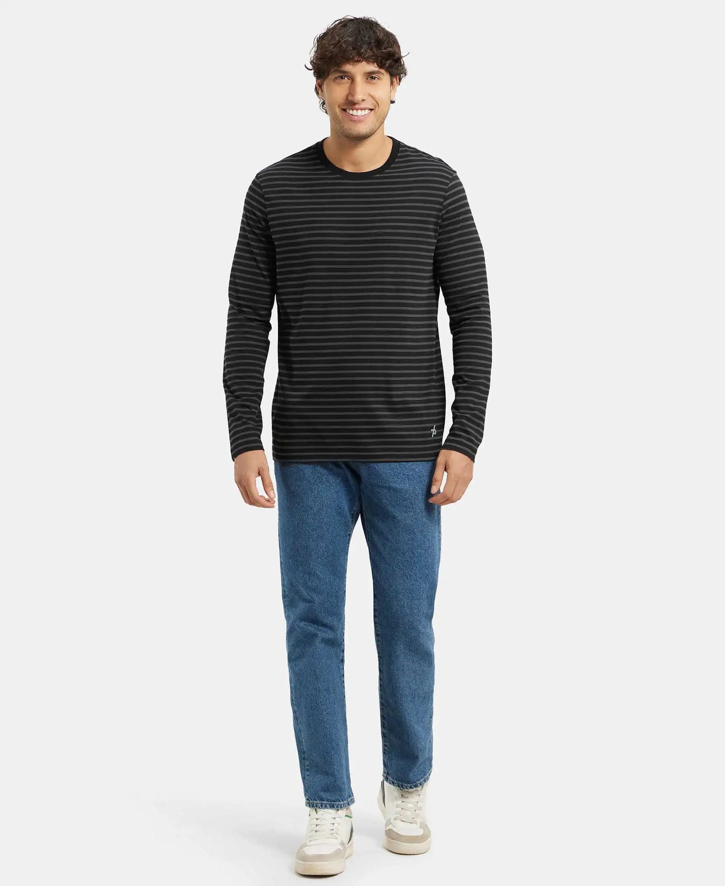 Super Combed Cotton Rich Striped Round Neck Full Sleeve T-Shirt - Black & Deep Olive-4