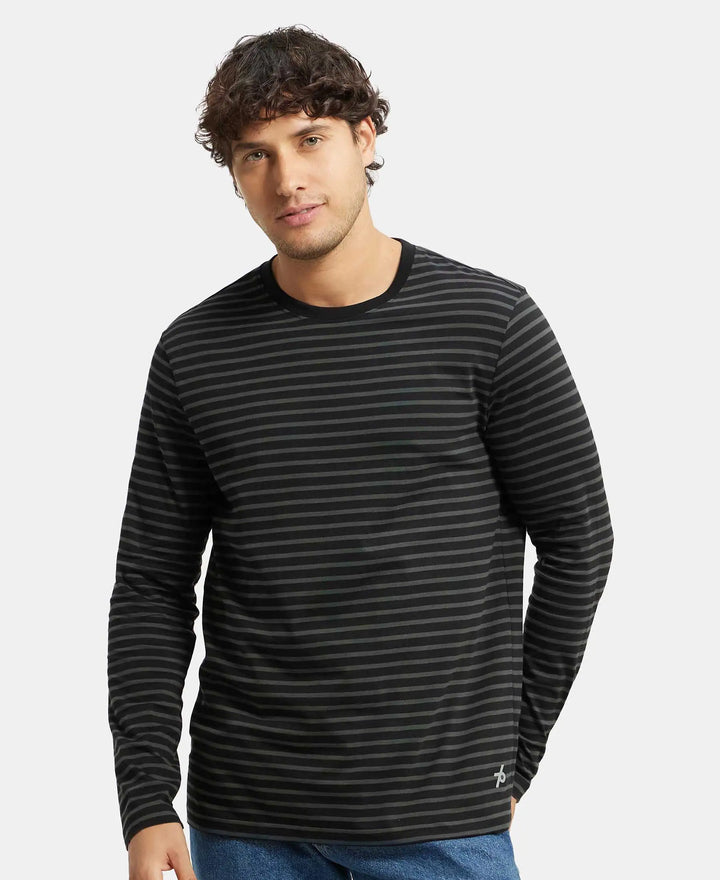 Super Combed Cotton Rich Striped Round Neck Full Sleeve T-Shirt - Black & Deep Olive-5