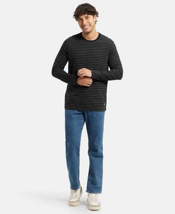 Super Combed Cotton Rich Striped Round Neck Full Sleeve T-Shirt - Black & Deep Olive-6