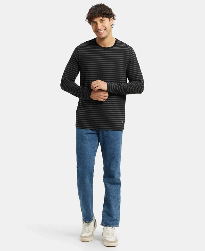 Super Combed Cotton Rich Striped Round Neck Full Sleeve T-Shirt - Black & Deep Olive-6