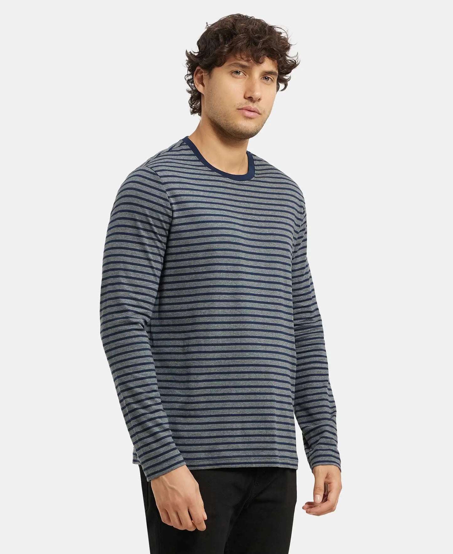 Super Combed Cotton Rich Striped Round Neck Full Sleeve T-Shirt - Charcoal & Navy-2