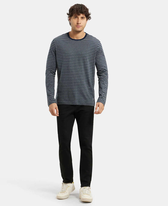 Super Combed Cotton Rich Striped Round Neck Full Sleeve T-Shirt - Charcoal & Navy-4