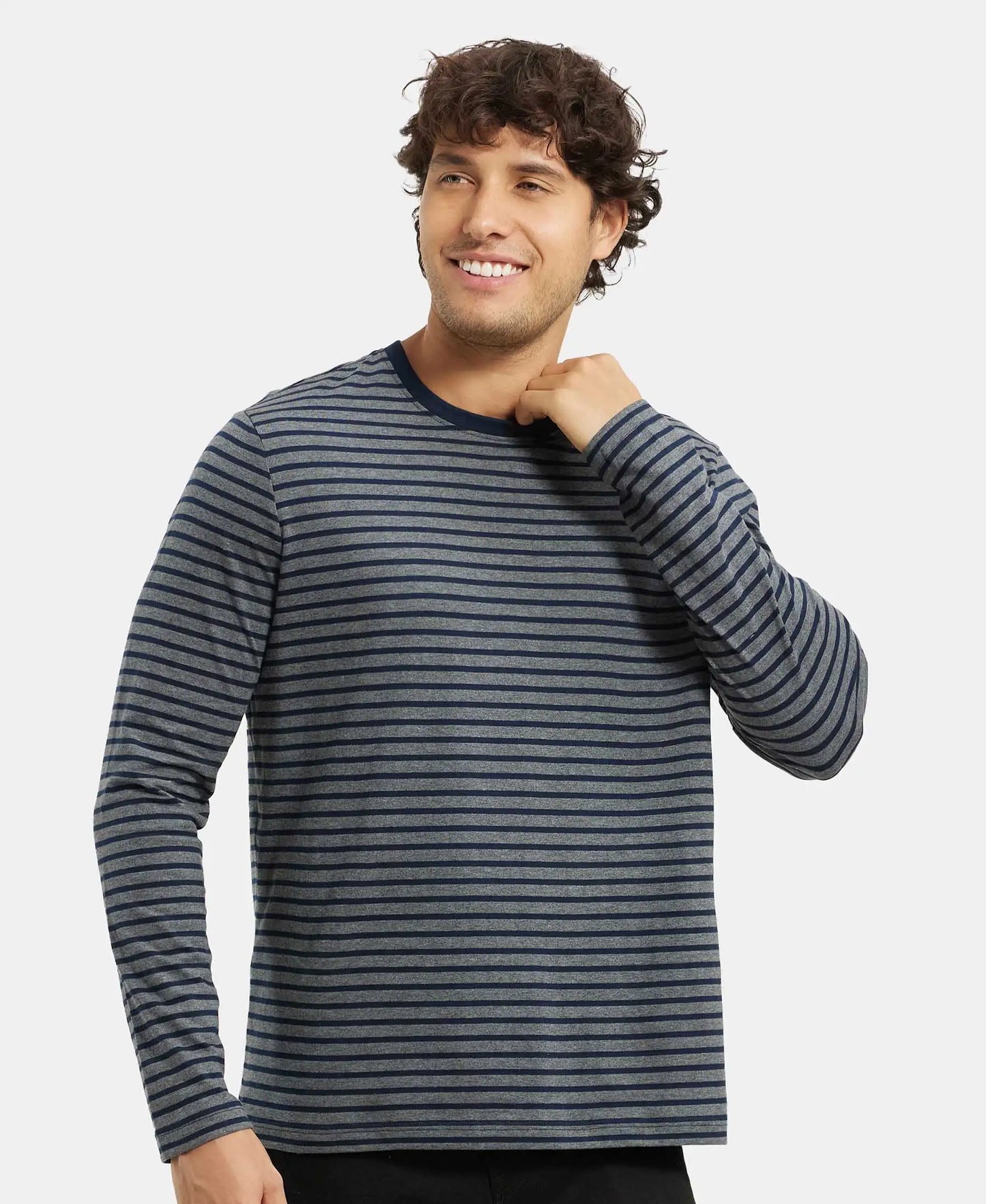 Super Combed Cotton Rich Striped Round Neck Full Sleeve T-Shirt - Charcoal & Navy-5