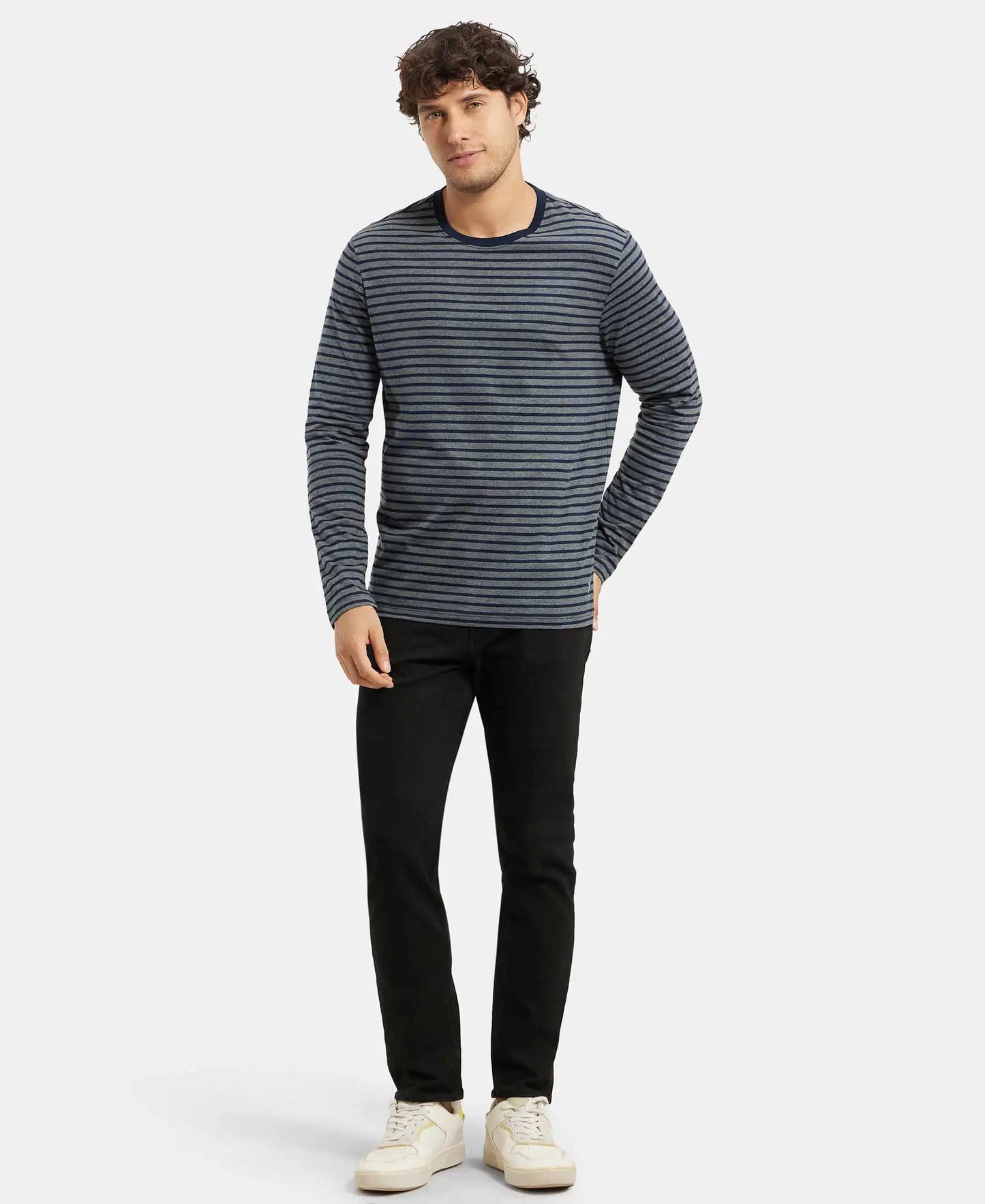 Super Combed Cotton Rich Striped Round Neck Full Sleeve T-Shirt - Charcoal & Navy-6