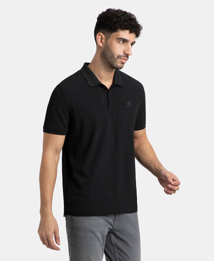 Microfiber Fabric Solid Half Sleeve Polo T-Shirt with StayDry & StayFresh Technology - Black