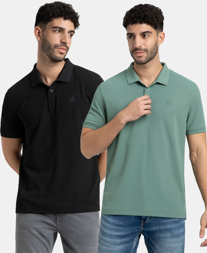 Pack of 2 Microfiber Fabric Solid Half Sleeve Polo T-Shirt with StayDry & StayFresh Technology - Black & Green