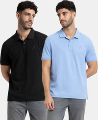 Pack of 2 Microfiber Fabric Solid Half Sleeve Polo T-Shirt with StayDry & StayFresh Technology - Black & Lt Blue