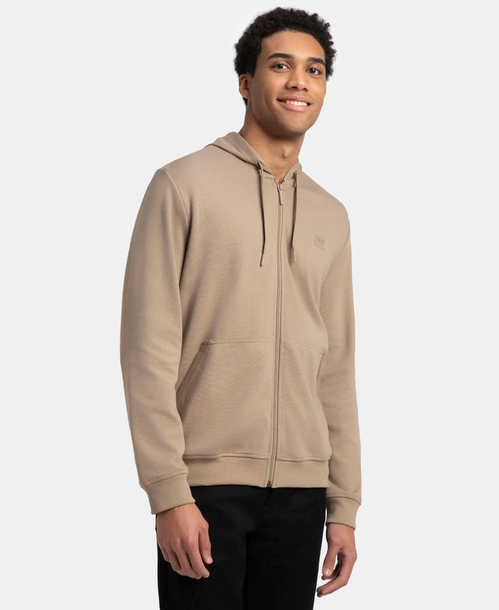 Super Combed Cotton Rich Pique Hoodie Jacket with Ribbed Cuffs - Desert Taupe