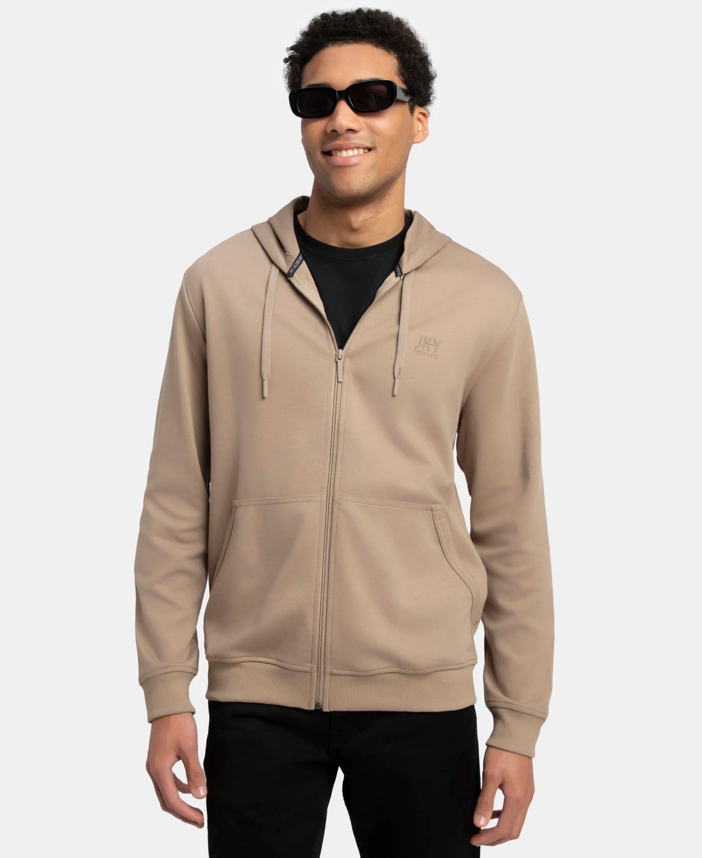 Super Combed Cotton Rich Pique Hoodie Jacket with Ribbed Cuffs - Desert Taupe