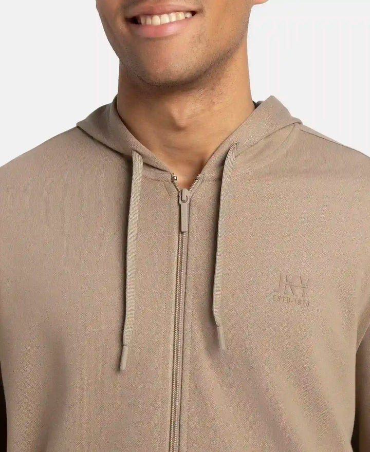 Super Combed Cotton Rich Pique Hoodie Jacket with Ribbed Cuffs - Desert Taupe