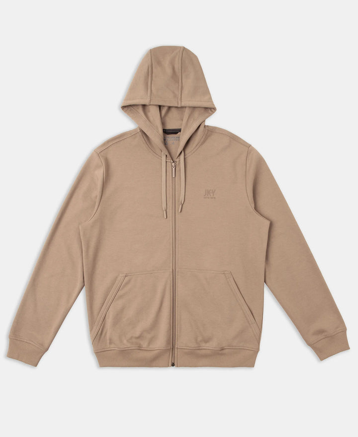 Super Combed Cotton Rich Pique Hoodie Jacket with Ribbed Cuffs - Desert Taupe