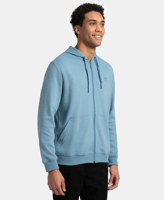 Super Combed Cotton Rich Pique Hoodie Jacket with Ribbed Cuffs - Provincial Blue