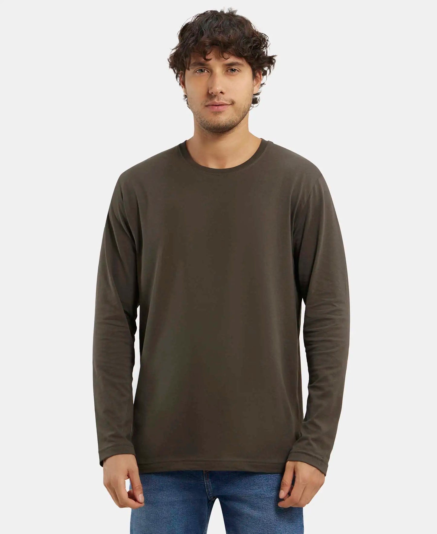 Super Combed Cotton Rich Solid Round Neck Full Sleeve T-Shirt - Black Olive-1