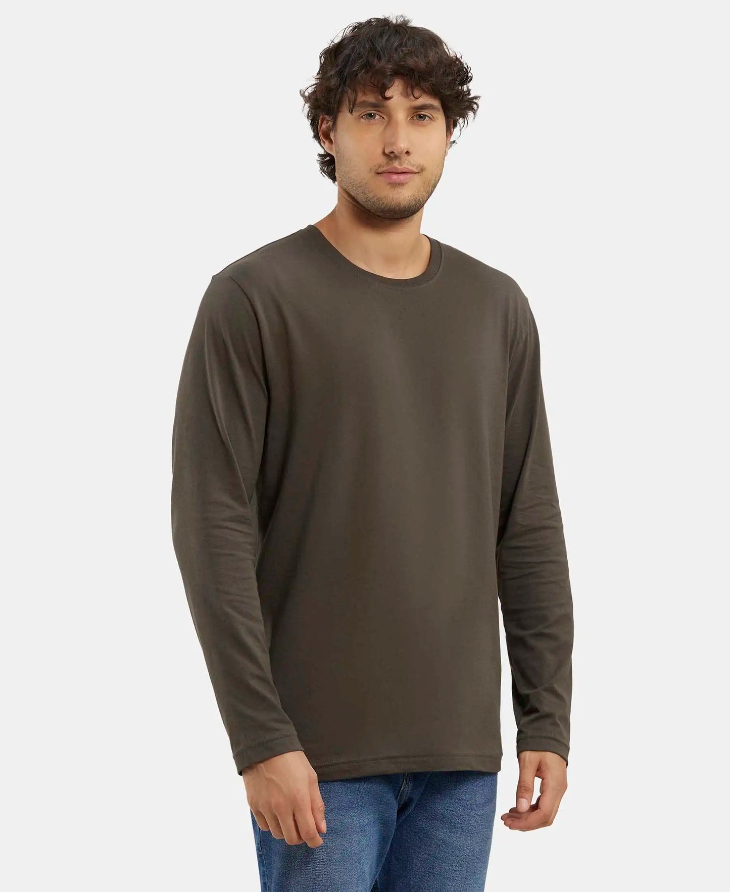 Super Combed Cotton Rich Solid Round Neck Full Sleeve T-Shirt - Black Olive-2