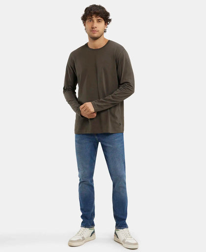 Super Combed Cotton Rich Solid Round Neck Full Sleeve T-Shirt - Black Olive-4