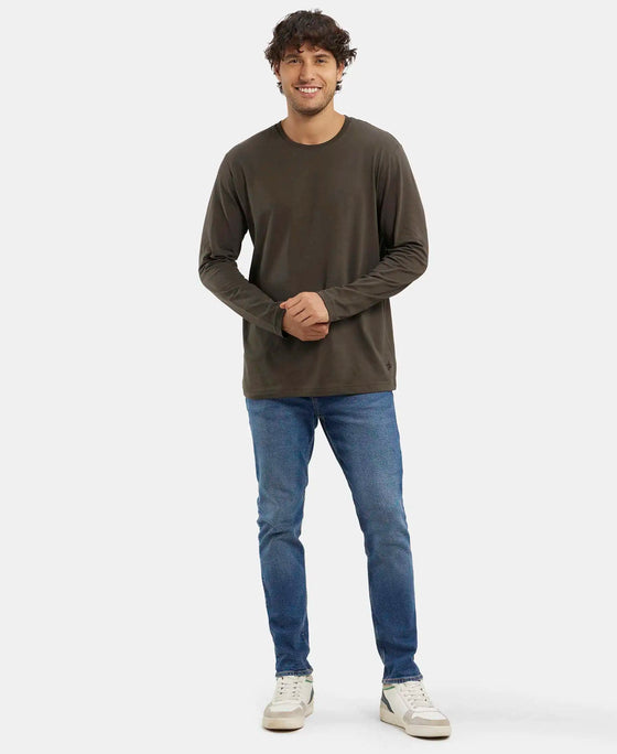 Super Combed Cotton Rich Solid Round Neck Full Sleeve T-Shirt - Black Olive-6