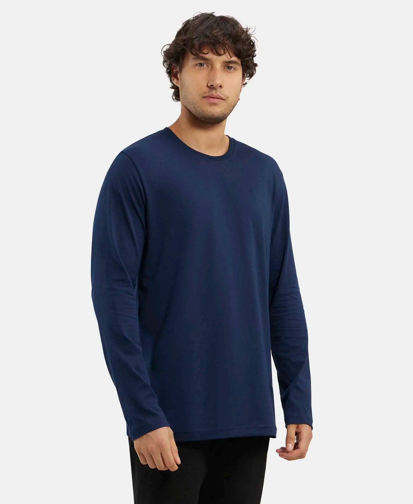 Super Combed Cotton Rich Solid Round Neck Full Sleeve T-Shirt - Navy-2