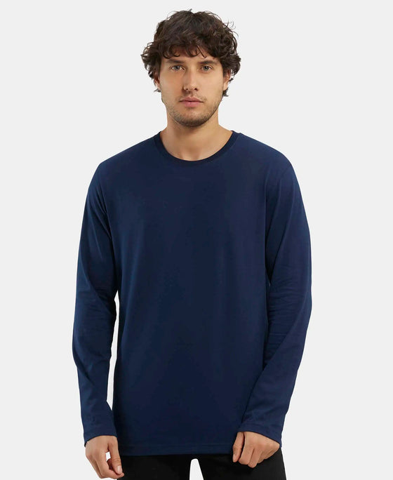 Super Combed Cotton Rich Solid Round Neck Full Sleeve T-Shirt - Navy-5