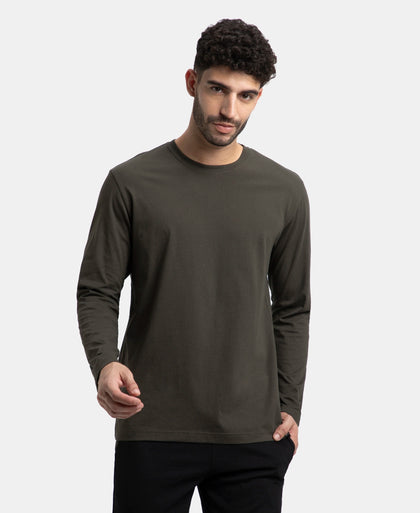 Super Combed Cotton Rich Solid Round Neck Full Sleeve T-Shirt - Olive