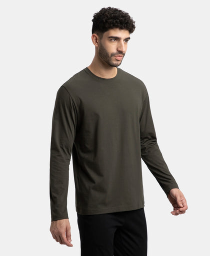 Super Combed Cotton Rich Solid Round Neck Full Sleeve T-Shirt - Olive